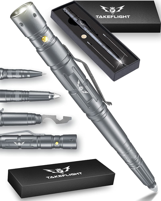 Rynx | TAKEFLIGHT Tactical Pen Survival Gear – Aviation Grade Aluminum LED Tactical Flashlight Multitool – Sturdy, Lightweight EDC Pen Survival Tool – Glass Breaker, Corkscrew, Screwdriver, Gift Box
