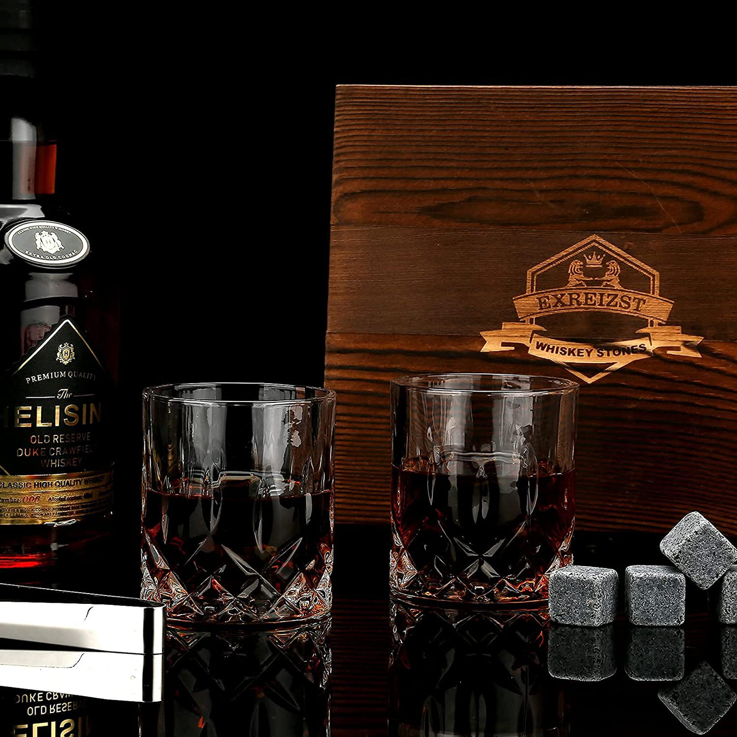 Rynx | Whiskey Stones Gift Set - Whiskey Glass Set of 2 - Granite Cooling Whiskey Stones - Scotch Bourbon Whiskey Glass Gift Box Set - Best Drinking Gifts for Men Dad Husband Birthday Party Holiday Gift