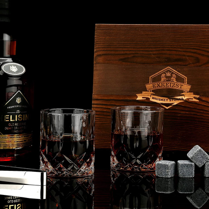 Rynx | Whiskey Stones Gift Set - Whiskey Glass Set of 2 - Granite Cooling Whiskey Stones - Scotch Bourbon Whiskey Glass Gift Box Set - Best Drinking Gifts for Men Dad Husband Birthday Party Holiday Gift
