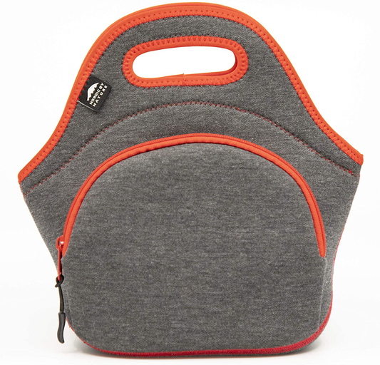 Rynx | Nordic By Nature Neoprene Lunch Bag For Women & Lunch Tote For Kids Insulated Lunch Bag Reusable Washable Extra Thick Neoprene & Soft Cotton Feel, Premium Stitching, Exterior Pocket, (M) Dark Grey/Red