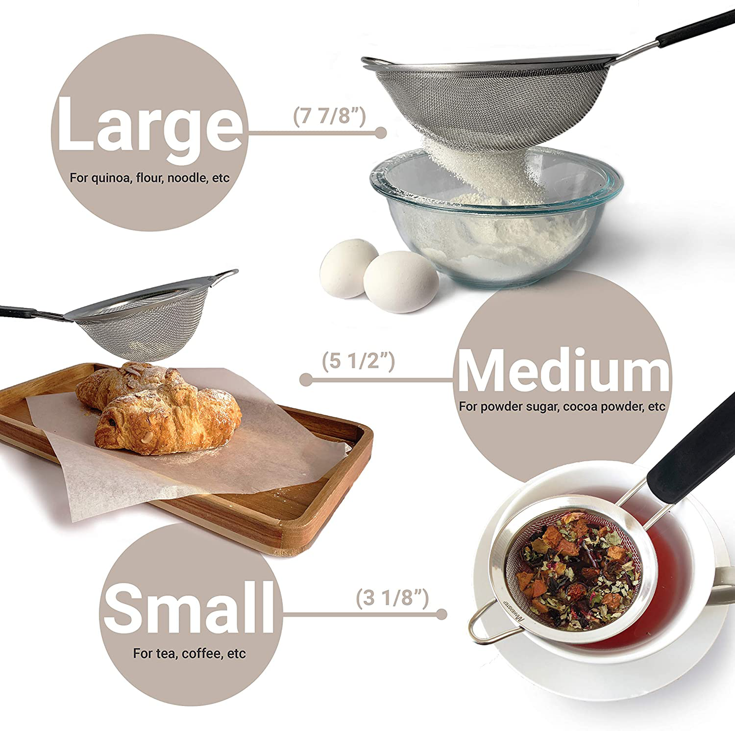 Rynx | Makerstep Set of 3 Stainless Steel Fine Mesh Strainers. Graduated Sizes 3.38", 5.5", 7.87" Strainer Wire Sieve Sifter with Insulated Handle for Kitchen Tools Gadgets