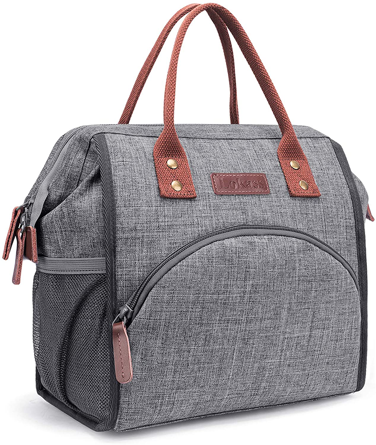 Rynx | Lokass Lunch Bag Insulated Lunch Box Wide-Open Lunch Tote Bag Large Drink Holder Durable Nylon Thermal Snacks Organizer For Women Men Adults College Work Picnic Hiking Beach Fishing, Gray