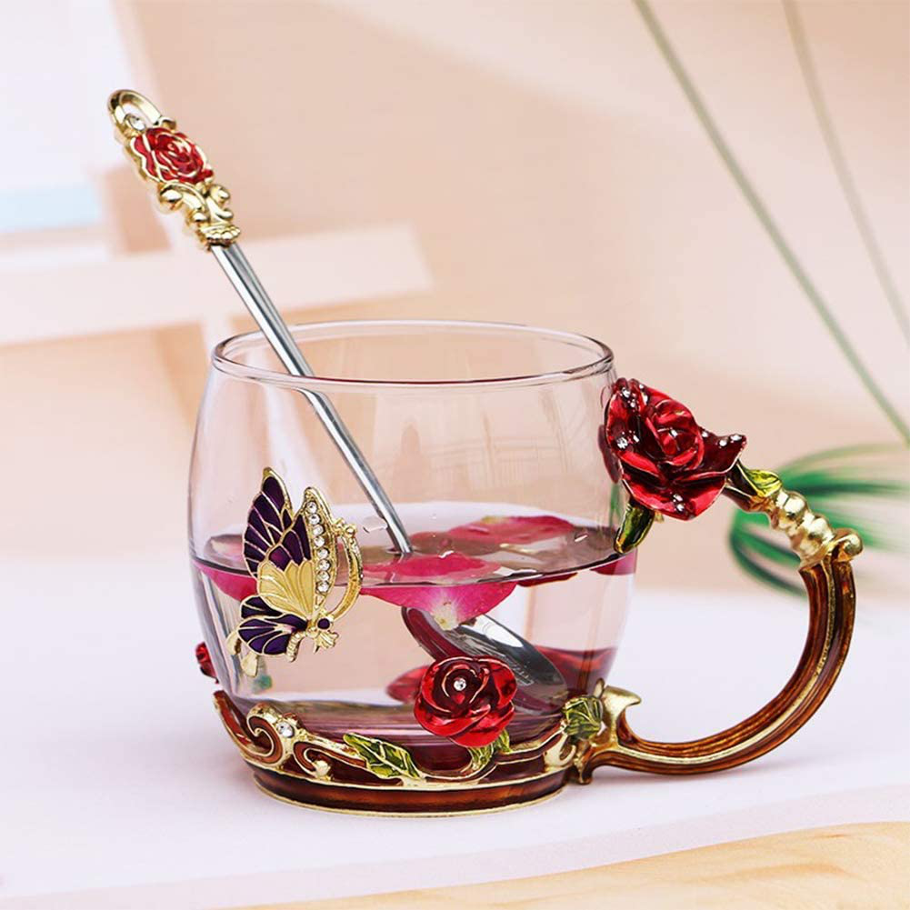 Rynx | Luka Tech Enamel Butterfly Flower Lead-free Glass Coffee Cups Tea Cup with Steel Spoon, Personal Gifts for Women Wife Mom Girl Teacher Friends Birthday Mother's Valentine's Day Wedding (Pink)