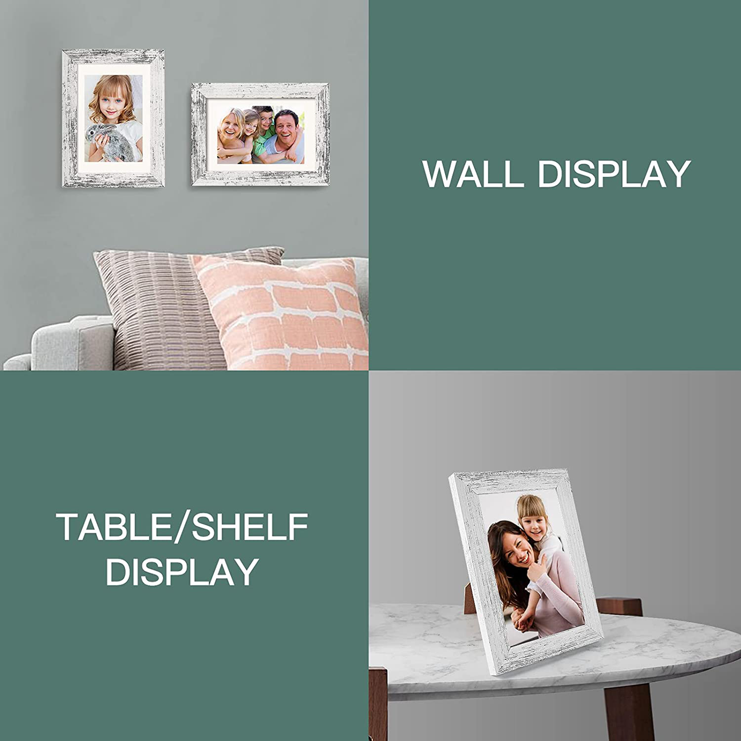 Rynx | 8x10 Picture Frame Worn Farmhouse Wood Pattern Set of 4 with Tempered Glass, Display Photos 5x7 with Mat or 8x10 without Mat, Horizontal and Vertical Formats for Wall and Table Mounting