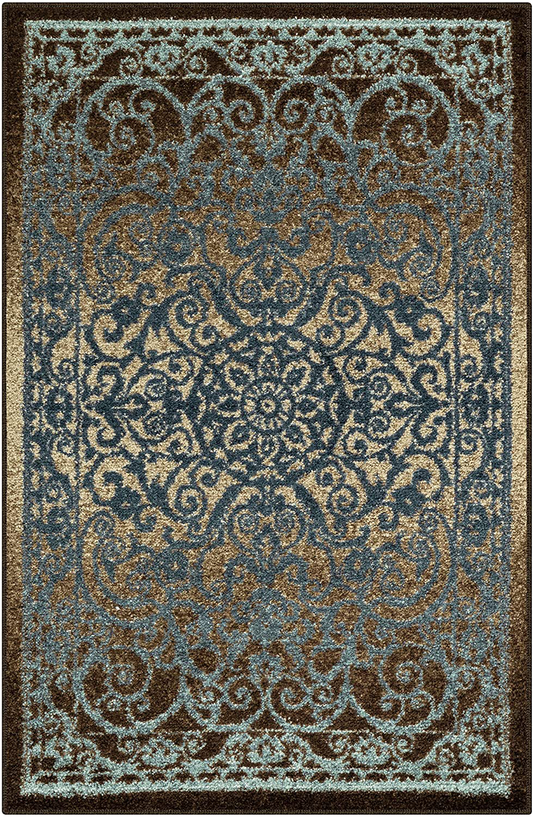 Rynx | Maples Rugs Pelham Vintage Kitchen Rugs Non-Slip Accent Rug [Made in the USA], 2'6 x 3'10, Blue/Nut