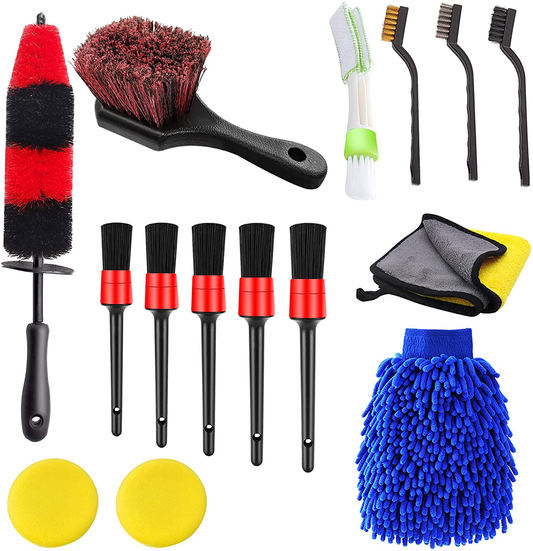 Rynx | Jaronx 15 PCS Car Wheel & Tire Brush Set, 17 Inch Long Handle Rim Brush, Short Handle Wheel Brush, Detailing Brushes, Wash Mitts, Ventilation Dust Brush, Wax Applicator Pads, Wash Cloths, Wash Brushes