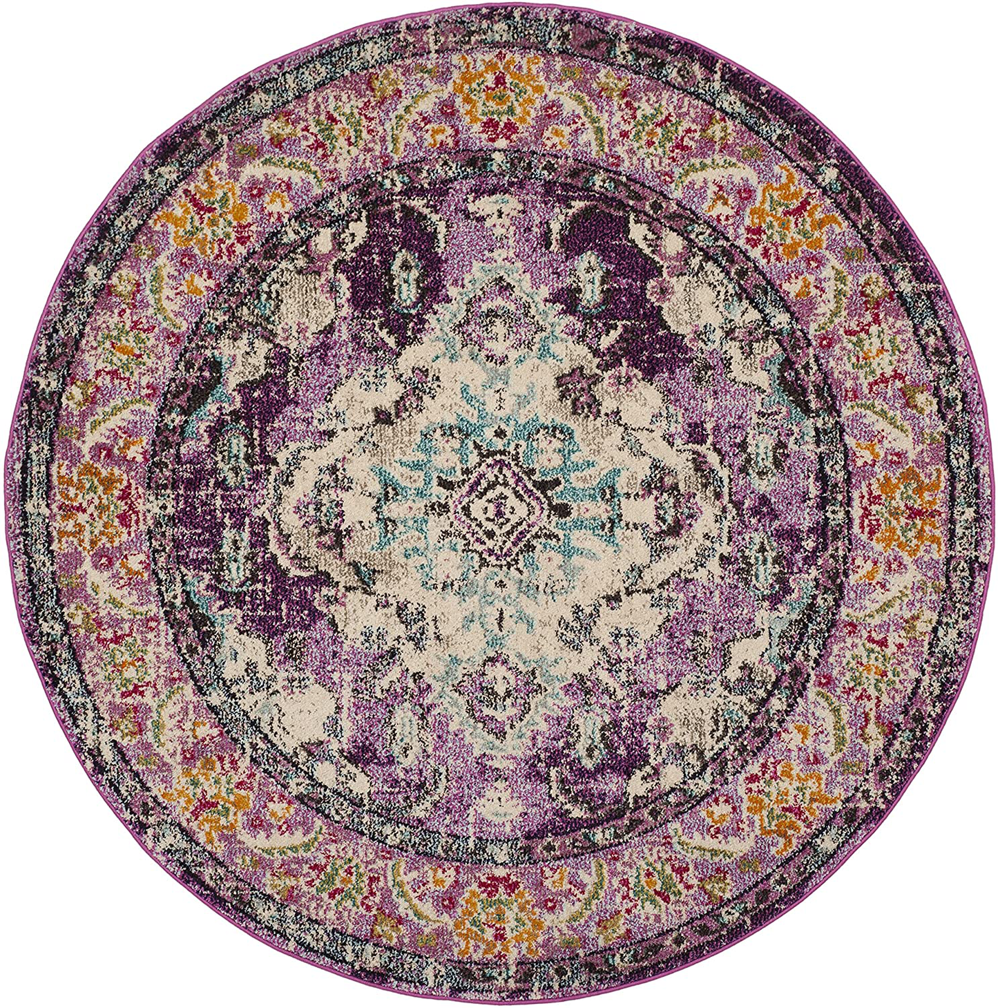 Rynx | Safavieh Monaco Collection MNC243L Boho Chic Medallion Distressed Non-Shedding Stain Resistant Living Room Bedroom Area Rug, 3' x 3' Round, Purple / Light Blue