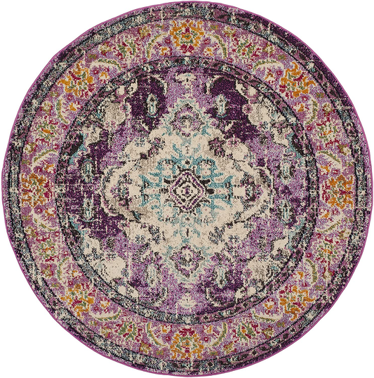 Rynx | Safavieh Monaco Collection MNC243L Boho Chic Medallion Distressed Non-Shedding Stain Resistant Living Room Bedroom Area Rug, 3' x 3' Round, Purple / Light Blue