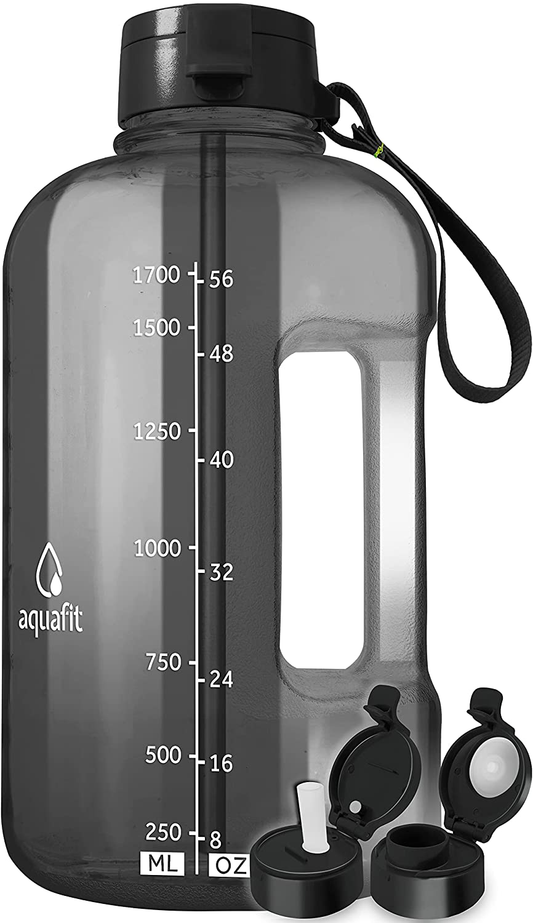 Rynx | AQUAFIT Half Gallon Water Bottle with Straw Half Gallon Water Jug Motivational Water Bottle 64 Ounce Water Bottle with Time Markers Large Water Bottle Big Water Bottle 1/2 Gallon Water Jug Large Water Jug Gray