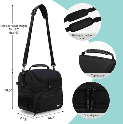 Rynx | Mier Dual Compartment Lunch Bag Tote with Shoulder Strap for Men and Women Insulated Leak-Proof Cooler Bag, Black