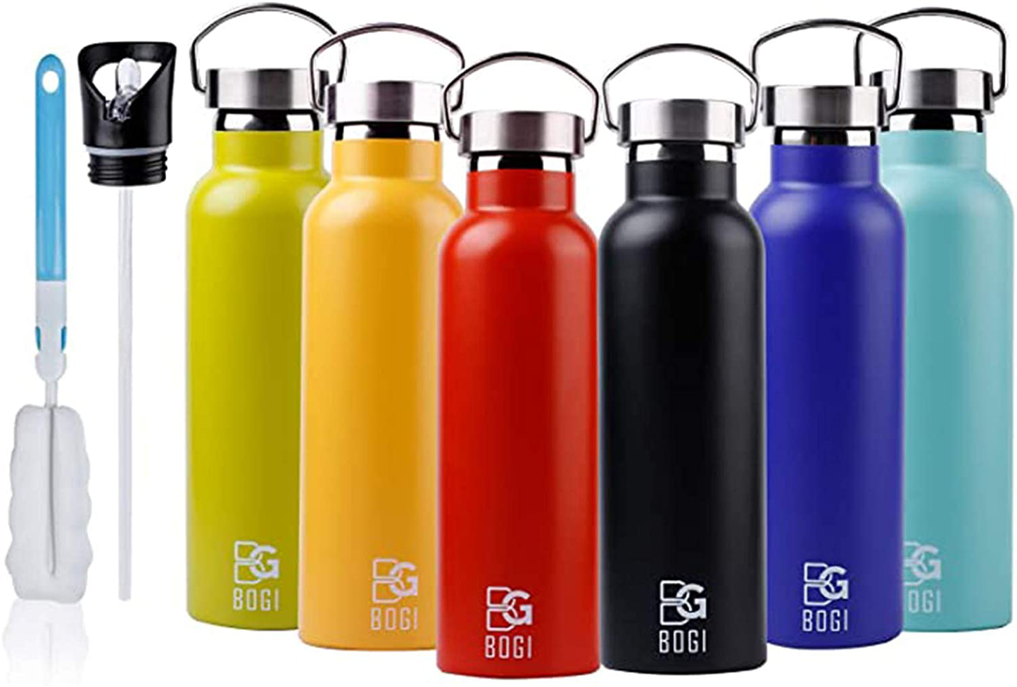 Rynx | BOGI 20oz Double Wall Vacuum Insulated Stainless Steel Water Bottle - Scratch Resistant & Eco-Friendly for Outdoor Sports Yoga Camping + Straw Flip Lid, 2 Straws & Cleaning Brush