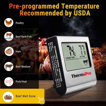 Rynx | ThermoPro TP-16 Large LCD Digital Cooking Mat Meat Smoker Kitchen BBQ Grill Thermometer Clock Timer with Stainless Steel Probe