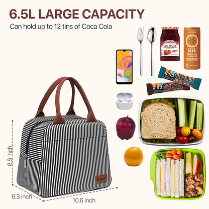 Rynx | Lunch bag, Bagseri Insulated Lunch Bags For Women And Men, With Transparent Phone Holder Pocket, Reusable Lunch Cooler Box Thermal Organizer, Waterproof Lining (Black White Stripes)
