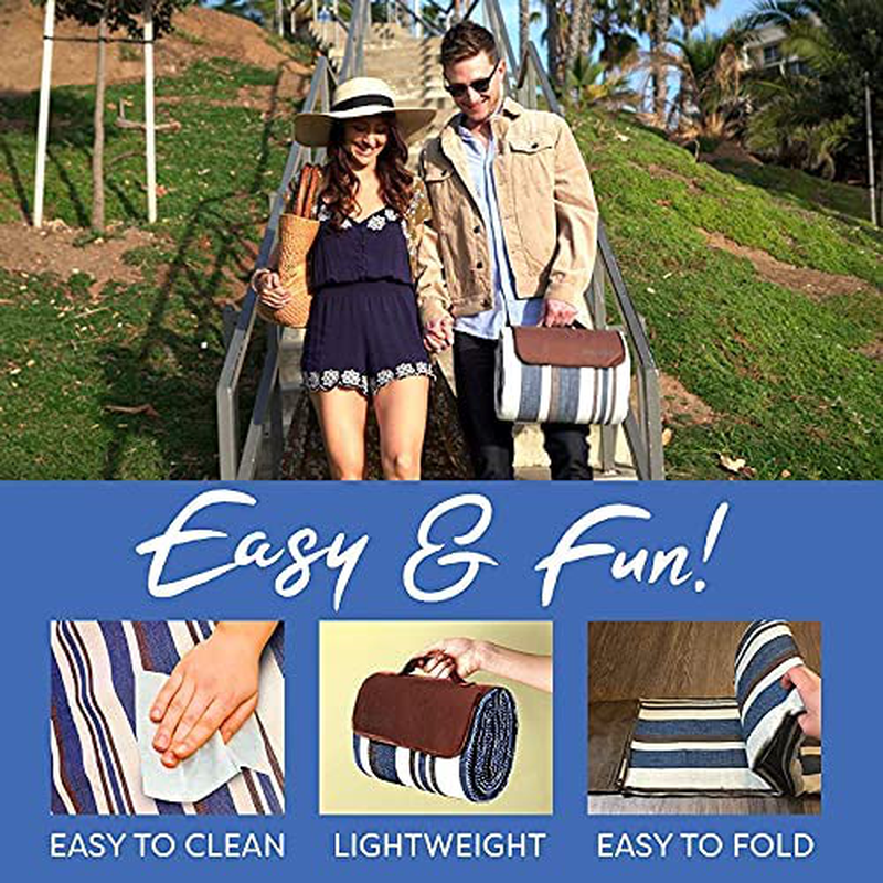 Rynx | Extra Large Picnic Blanket Double Layer for Outdoor Waterproof Practical Mat Tote Our Summer Blue and White Striped for the Beach, Camping on Grass