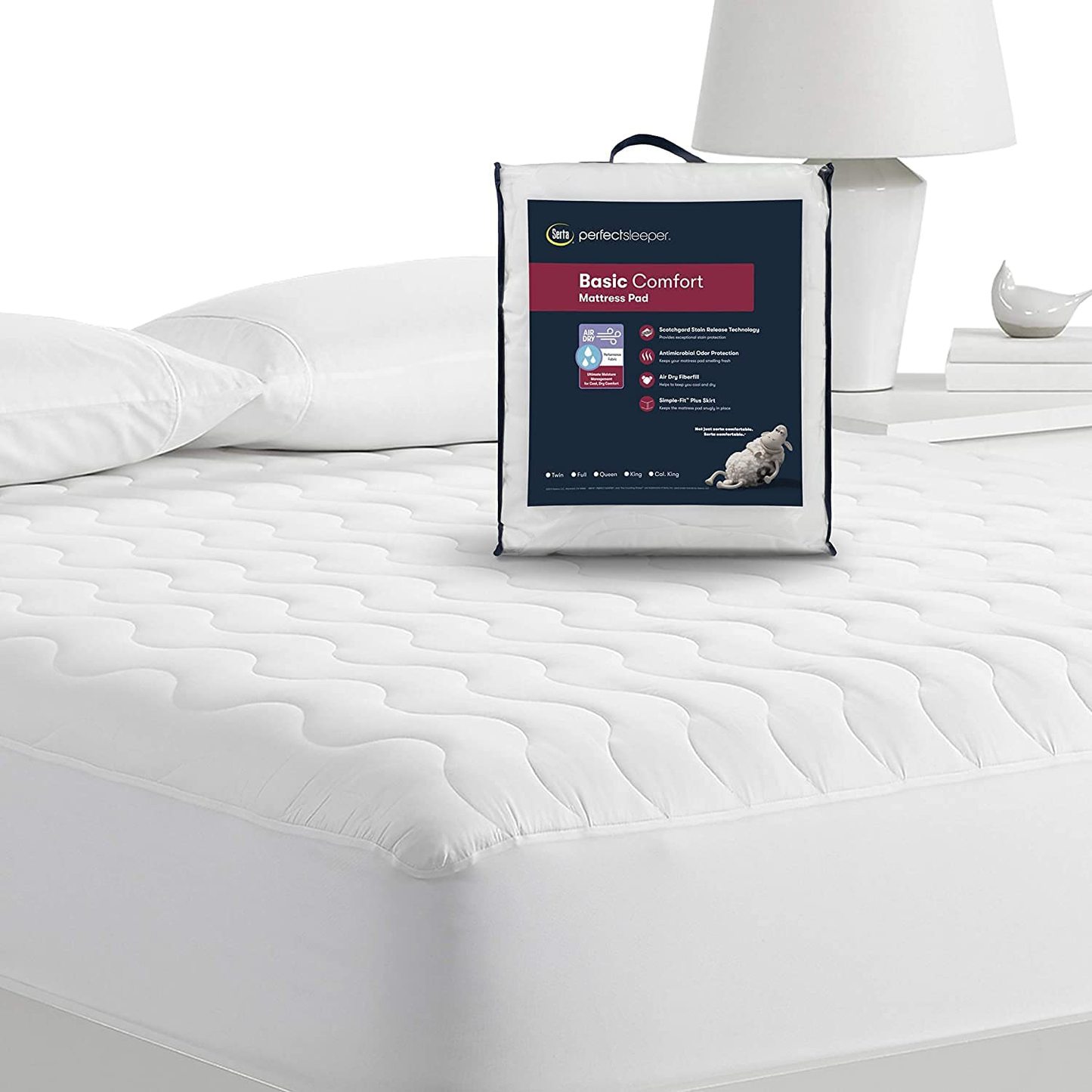 Rynx | Serta Perfect Sleeper Basic Comfort mattress protector, air dry moisture wicking, microfiber filling, Scotchgard stain protection, antimicrobial odor protection, cooling, queen, white