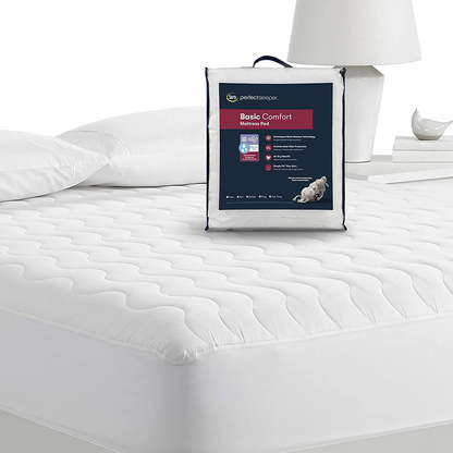 Rynx | Serta Perfect Sleeper Basic Comfort mattress protector, air dry moisture wicking, microfiber filling, Scotchgard stain protection, antimicrobial odor protection, cooling, queen, white