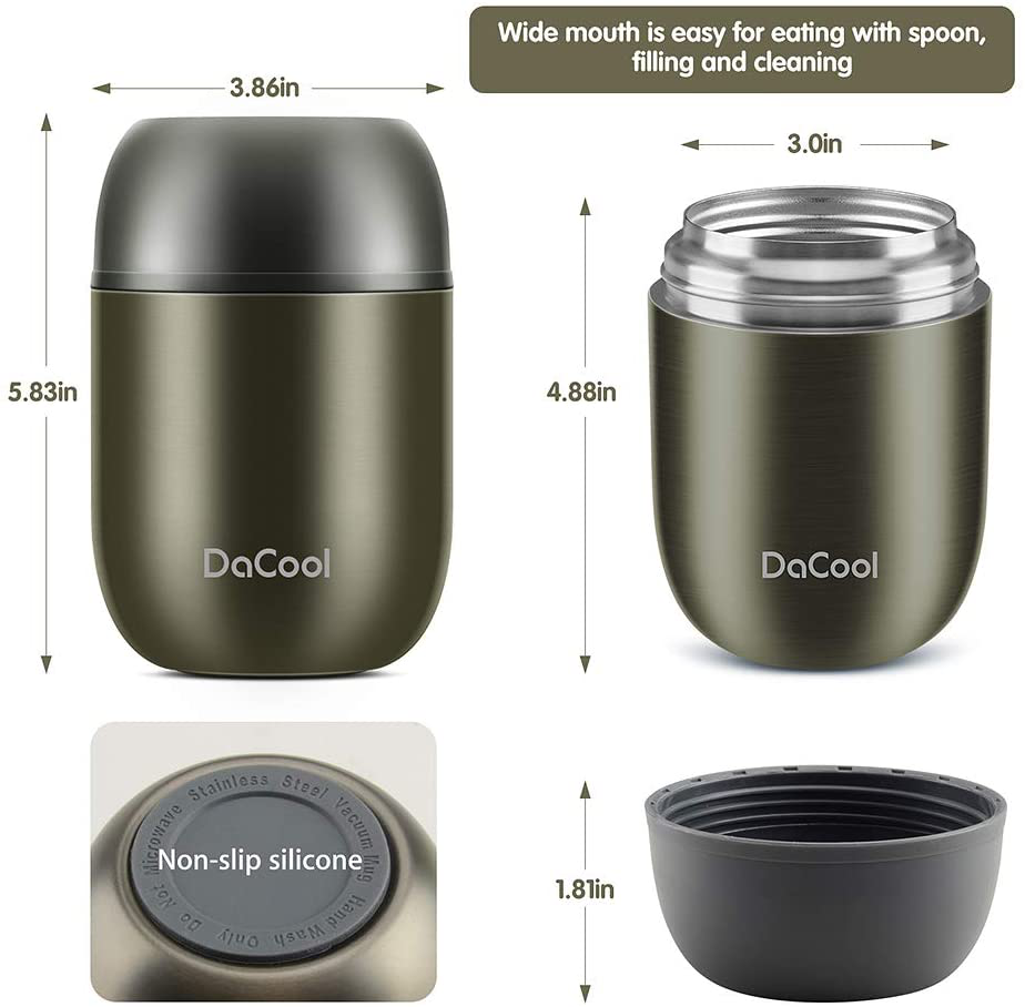 Rynx | Dacool Warm Food Jar Insulated Lunch Box Container Vacuum Stainless Steel 16 Ounce Kids Adult Bento Box For Hot Food With Spoon Leak Proof For School Office Picnic Travel Outdoor, BPA Free - Gray