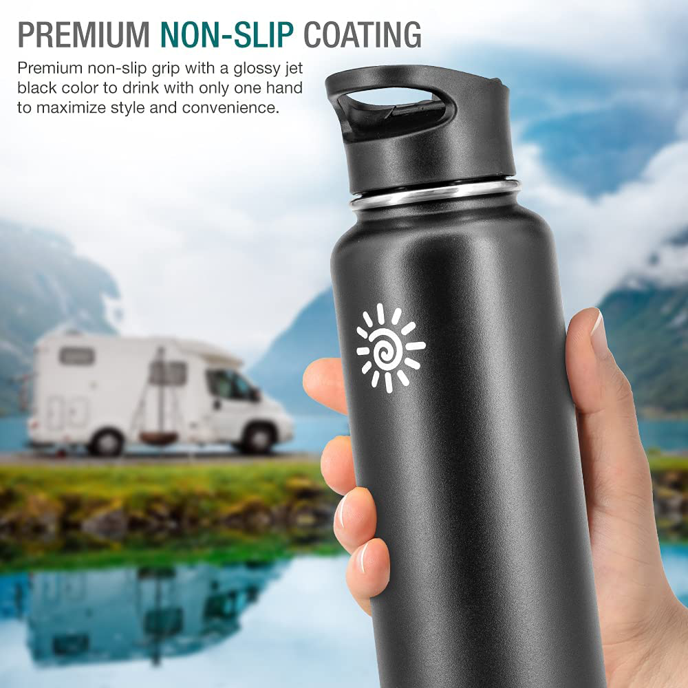 Rynx | Dione Water Bottle 40 oz. Bottle Double Wall Stainless Steel & Vacuum Insulated (Black) Sport Hydro Container for Home, Office, School, Outdoor Camping (Standard Mouth / Leak-proof / BPA-free Cap)