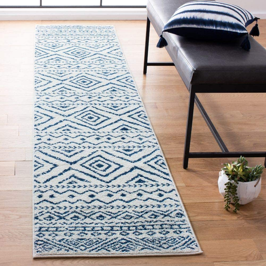 Rynx | Safavieh Tulum Collection TUL267C Moroccan Boho Worn Non-Shedding Stain Resistant Living Room Bedroom Runner, 2' x 9', Ivory / Navy Blue
