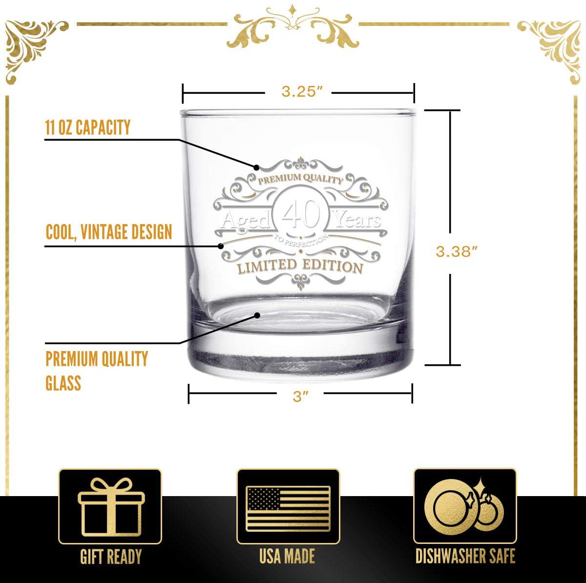 Rynx | 1981 Vintage Edition Birthday Whiskey Scotch Glass (40th Anniversary) 11 oz- Vintage Congratulations on your birthday Old Fashioned Whiskey Glasses for 40-year-old- Classic Lowball Rocks Glass- Birthday, Reunion Gift