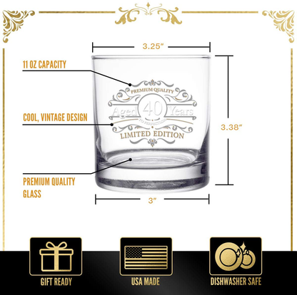 Rynx | 1981 Vintage Edition Birthday Whiskey Scotch Glass (40th Anniversary) 11 oz- Vintage Congratulations on your birthday Old Fashioned Whiskey Glasses for 40-year-old- Classic Lowball Rocks Glass- Birthday, Reunion Gift