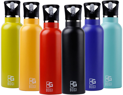 Rynx | BOGI 20oz Double Wall Vacuum Insulated Stainless Steel Water Bottle - Scratch Resistant & Eco-Friendly for Outdoor Sports Yoga Camping + Straw Flip Lid, 2 Straws & Cleaning Brush