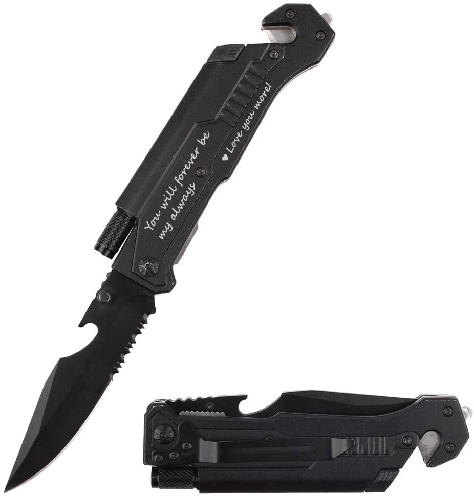 Rynx | Spouse birthday gift, pocket knife with 6 functions, LED light, fire starter, bottle opener, seat belt cutter, glass breaker, anniversary gift for men, boyfriend, Father's Day