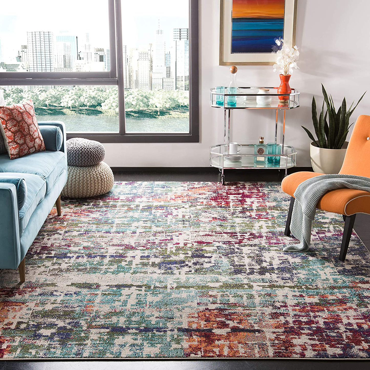 Rynx | Safavieh Madison Collection MAD469B Modern Abstract Non-Shedding Dining Room Entryway Foyer Living Room Bedroom Area Rug, 5' x 5' Round, Cream / Blue