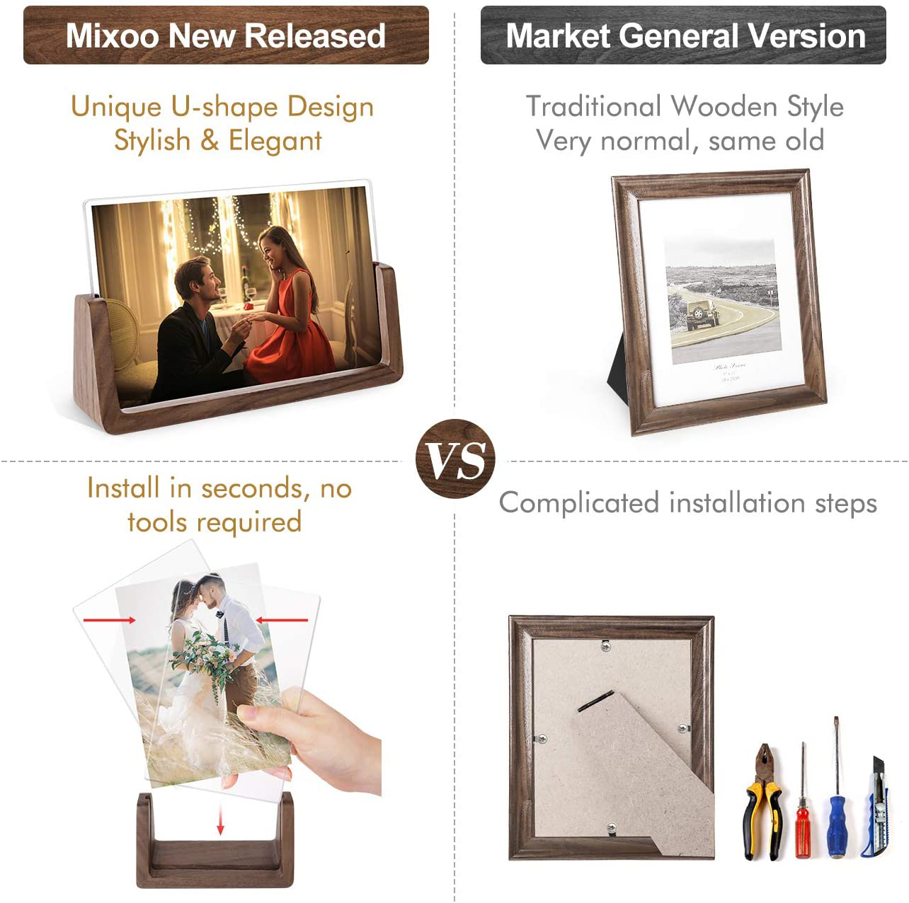 Rynx | Mixoo Picture Frame 2 Pack - Rustic Wood Picture Frames with Walnut Wood Base and High-Resolution Shatterproof Acrylic Glass Cover for Table or Desktop Display (4x6 inches, Horizontal + Vertical)