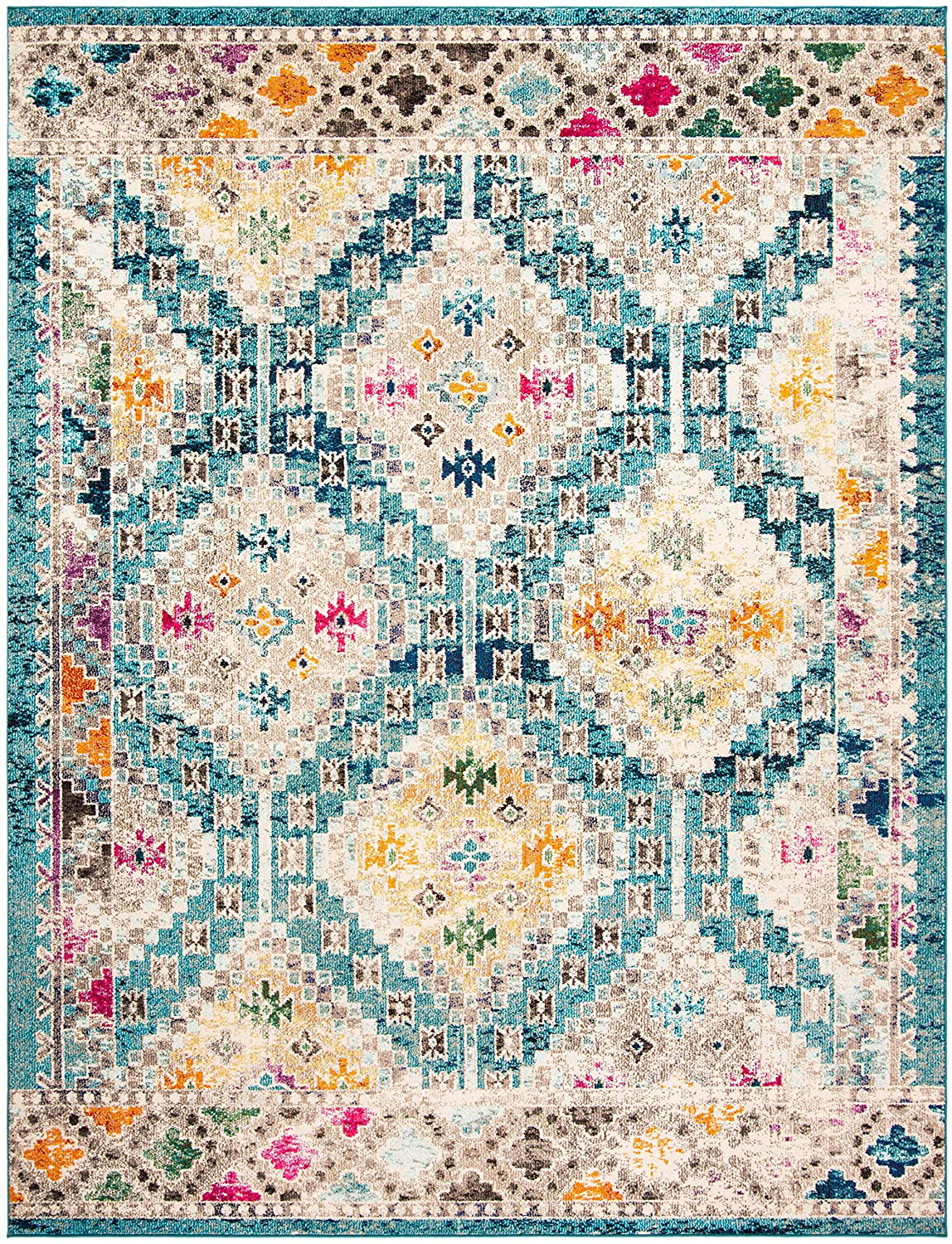 Rynx | Safavieh Madison Collection MAD418N Boho Diamond Distressed Non-Shedding Stain Resistance Living Room Bedroom Runner, 2'2" x 10', Dark Blue / Yellow