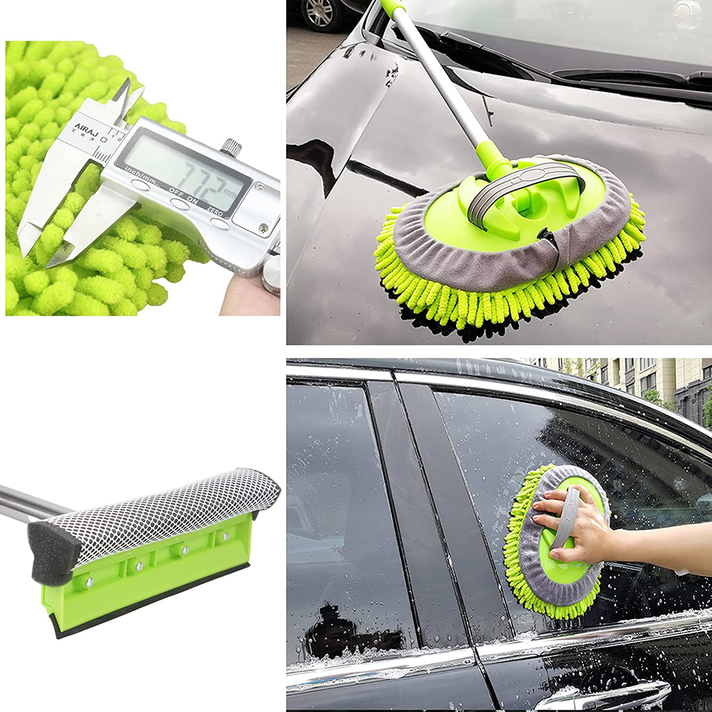Rynx | 62" Car Wash Mop Kit, Car Wash Brush with Long Handle Stainless Steel Rod, Car Wash Kit Car Detailing Kit Car Wash Mop Mitt Car Cleaning Equipment Kit for RV Cars SUVs Trucks and Buses (Green)