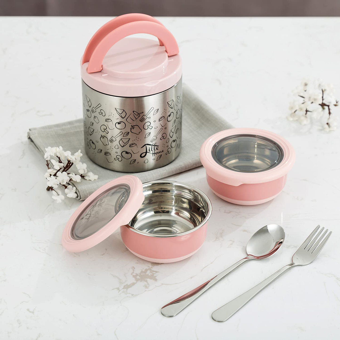 Rynx | Little Home Lunch Box Set, A Vacuum Insulated Bento/Food Box That Keeps Food Warm For 4-6 Hours, Two Steel Food Containers, A Lunch Bag, A Portable Cutlery Set (Green)