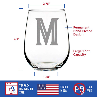 Rynx | Monogram Fet capital letter M - Without stem wine glass - Personalized gifts for women and men - Large engraved glass
