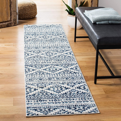 Rynx | Safavieh Tulum Collection TUL272D Moroccan Boho Tribal Non-Shedding Stain Resistant Living Room Bedroom Runner, 2' x 13', Ivory / Navy Blue