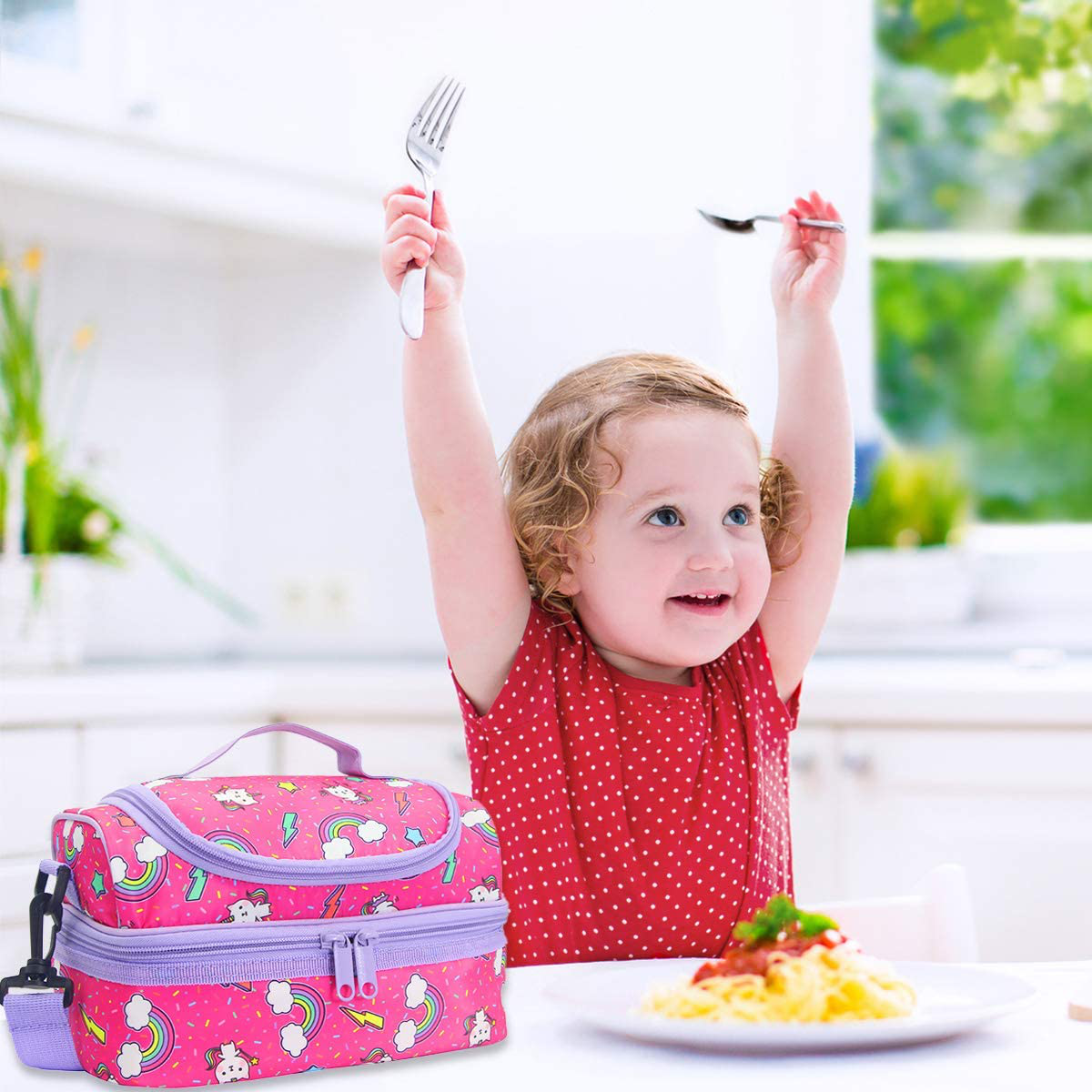 Rynx | Lunch bag for boys, Kasqo insulated cooler bag children's lunch bag with double compartments, black dinosaur