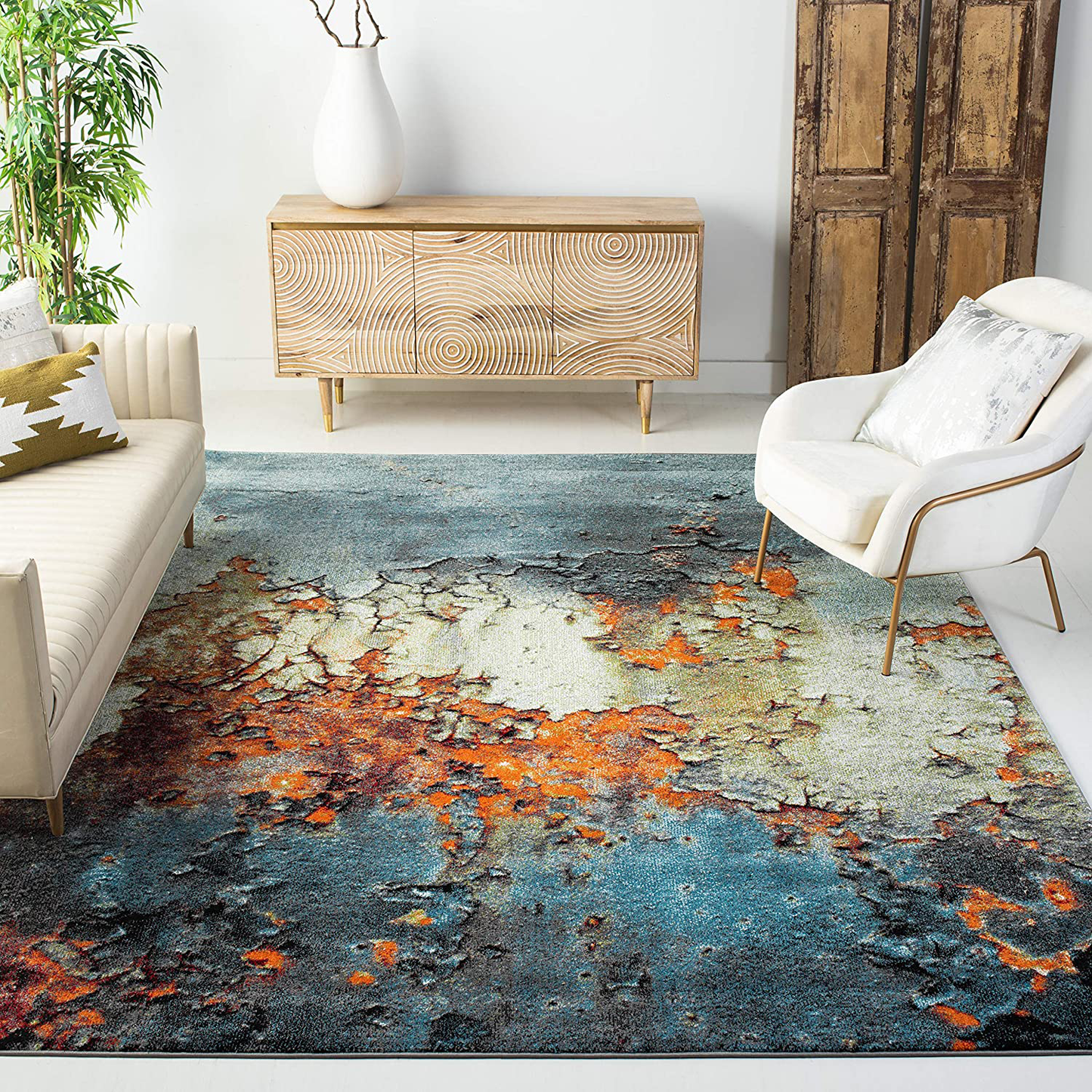 Rynx | Safavieh Glacier Collection GLA125L Modern Abstract Non-Shedding Stain Resistant Living Room Bedroom Area Rug 3' x 3' Round Blue/Pink