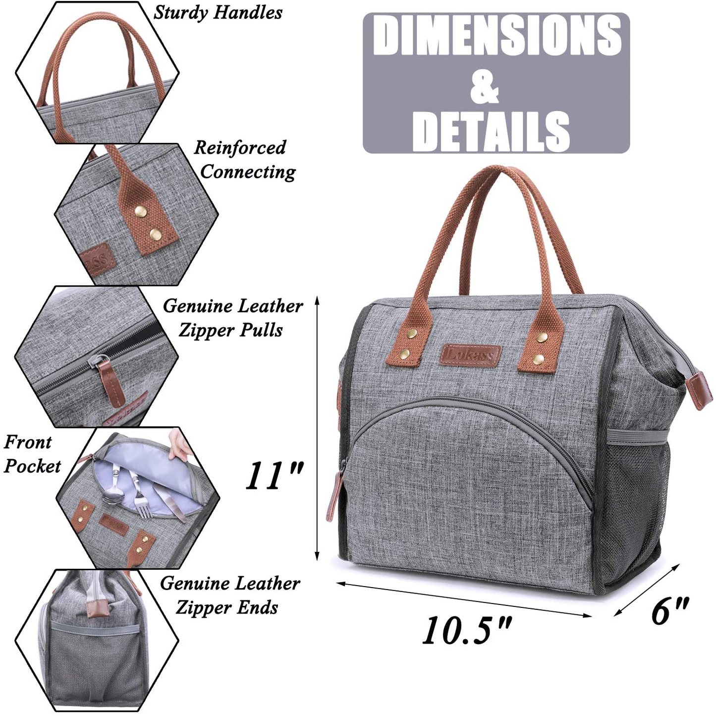 Rynx | Lokass Lunch Bag Insulated Lunch Box Wide-Open Lunch Tote Bag Large Drink Holder Durable Nylon Thermal Snacks Organizer For Women Men Adults College Work Picnic Hiking Beach Fishing, Gray