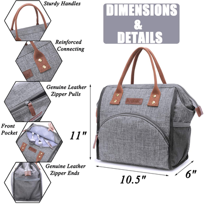 Rynx | Lokass Lunch Bag Insulated Lunch Box Wide-Open Lunch Tote Bag Large Drink Holder Durable Nylon Thermal Snacks Organizer For Women Men Adults College Work Picnic Hiking Beach Fishing, Gray