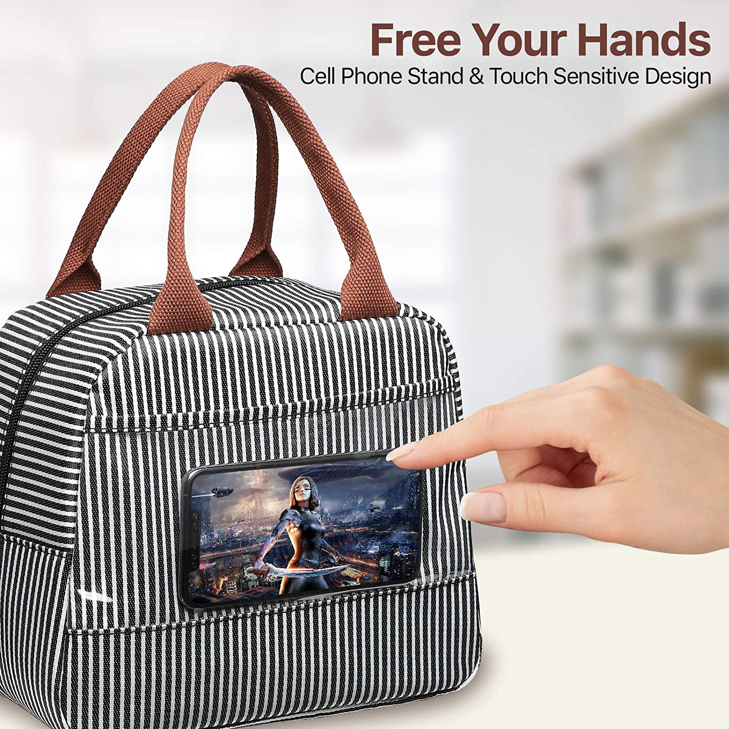 Rynx | Lunch bag, Bagseri Insulated Lunch Bags For Women And Men, With Transparent Phone Holder Pocket, Reusable Lunch Cooler Box Thermal Organizer, Waterproof Lining (Black White Stripes)