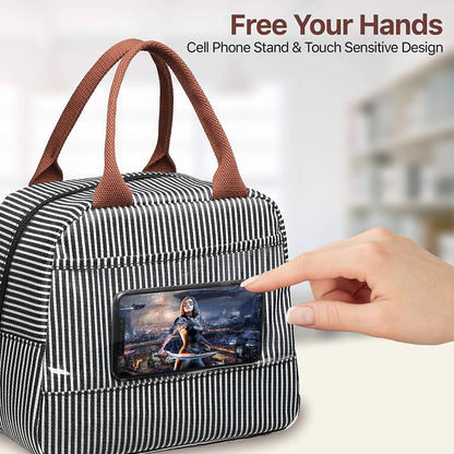 Rynx | Lunch bag, Bagseri Insulated Lunch Bags For Women And Men, With Transparent Phone Holder Pocket, Reusable Lunch Cooler Box Thermal Organizer, Waterproof Lining (Black White Stripes)