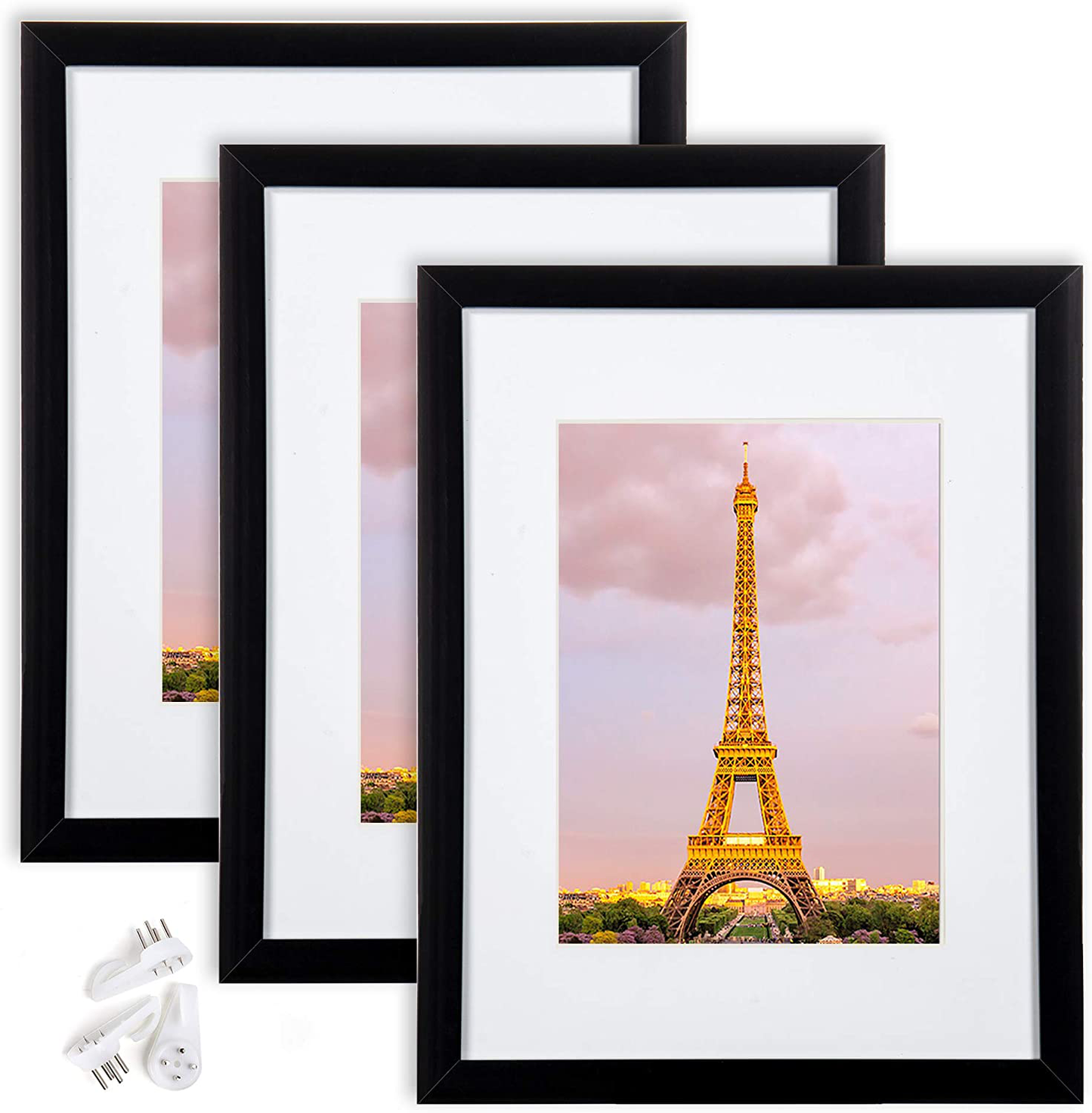 Rynx | Upsimples 8.5x11 Picture Frame Set of 3, Made of High-Resolution Glass for 6x8 with Mat or 8.5x11 without Mat, Wall-Mount Picture Frame Gold