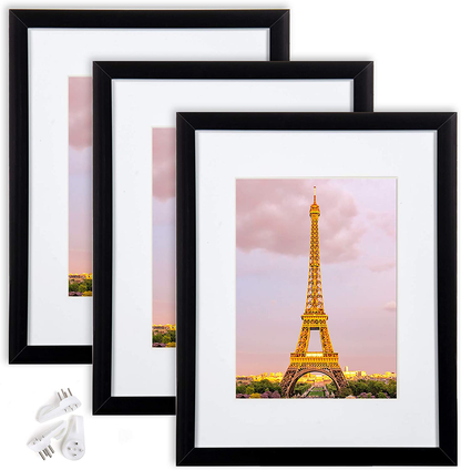 Rynx | Upsimples 8.5x11 Picture Frame Set of 3, Made of High-Resolution Glass for 6x8 with Mat or 8.5x11 without Mat, Wall-Mount Picture Frame Gold