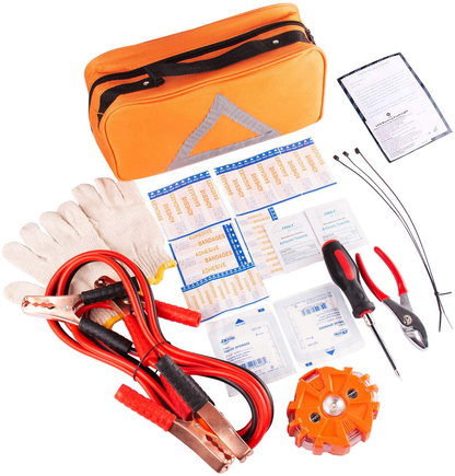 Rynx | Emergency Roadside Assistance Safety Kit - First Aid Kit, Jumper Cables, LED Warning Light, Work Gloves, Tools and More
