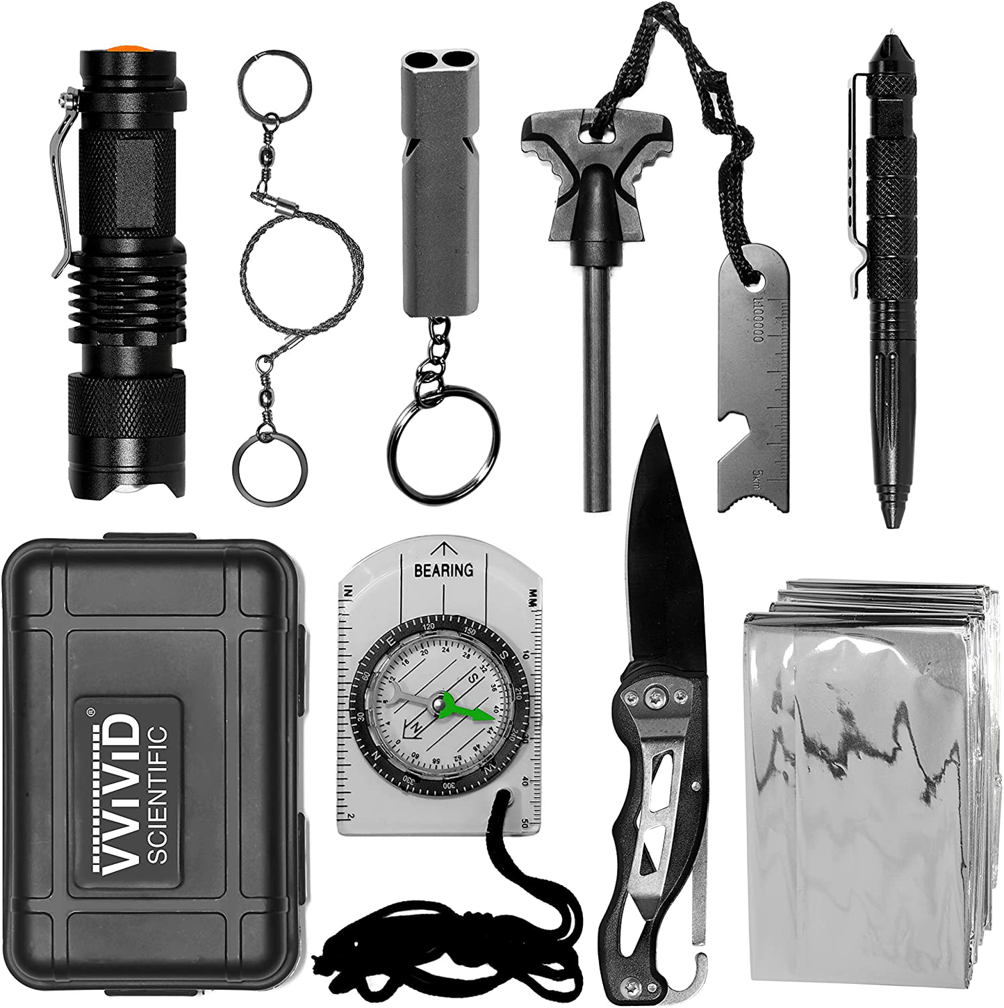 Rynx | 10 in 1 Emergency Tactical Gear Survival Pack Knife Blanket Compass Firestarter Flashlight Saw Outdoor Camping Hiking Hunting Adventure Sports Gear