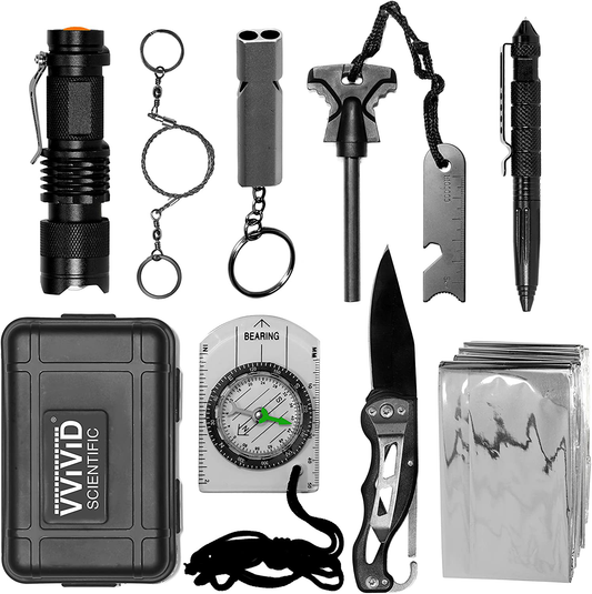 Rynx | 10 in 1 Emergency Tactical Gear Survival Pack Knife Blanket Compass Firestarter Flashlight Saw Outdoor Camping Hiking Hunting Adventure Sports Gear