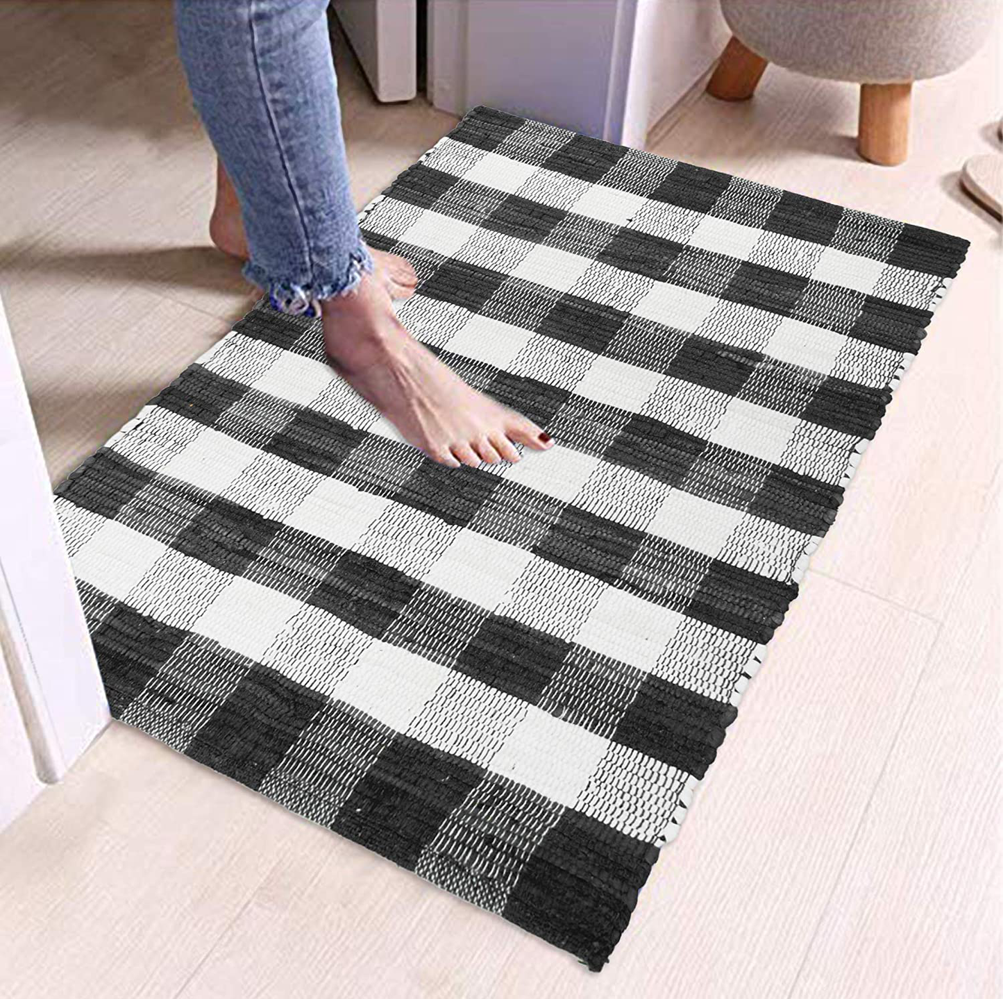 Rynx | GLAMBURG Cotton Reversible Area Runner Rug 2' x 6' for Bedroom Living Room Kitchen Hallway Front Porch Laundry Room, Handwoven Farmhouse Runner Rug, Washable Checkerboard Pattern Runner Rug Blue White