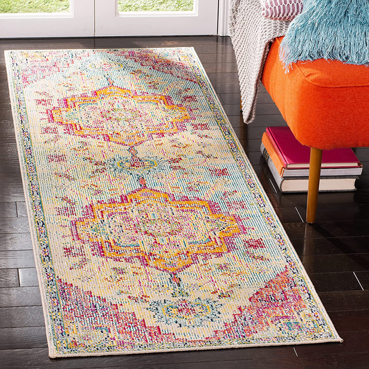 Rynx | Safavieh Crystal Collection CRS501B Boho Chic Oriental Medallion Distressed Non-Shedding Stain Resistant Living Room Bedroom Runner, 2'2" x 9', Light Blue / Fuchsia