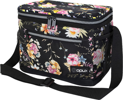 Rynx | Opux Insulated Lunch Box For Women Men, Leakproof Thermal Lunch Bag For Work, Reusable Lunch Cooler Tote, Soft School Lunch Bucket For Kids With Shoulder Strap, Pockets, 14 Cans, 8l, Floral Black