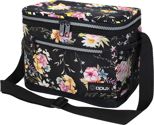 Rynx | Opux Insulated Lunch Box For Women Men, Leakproof Thermal Lunch Bag For Work, Reusable Lunch Cooler Tote, Soft School Lunch Bucket For Kids With Shoulder Strap, Pockets, 14 Cans, 8l, Floral Black