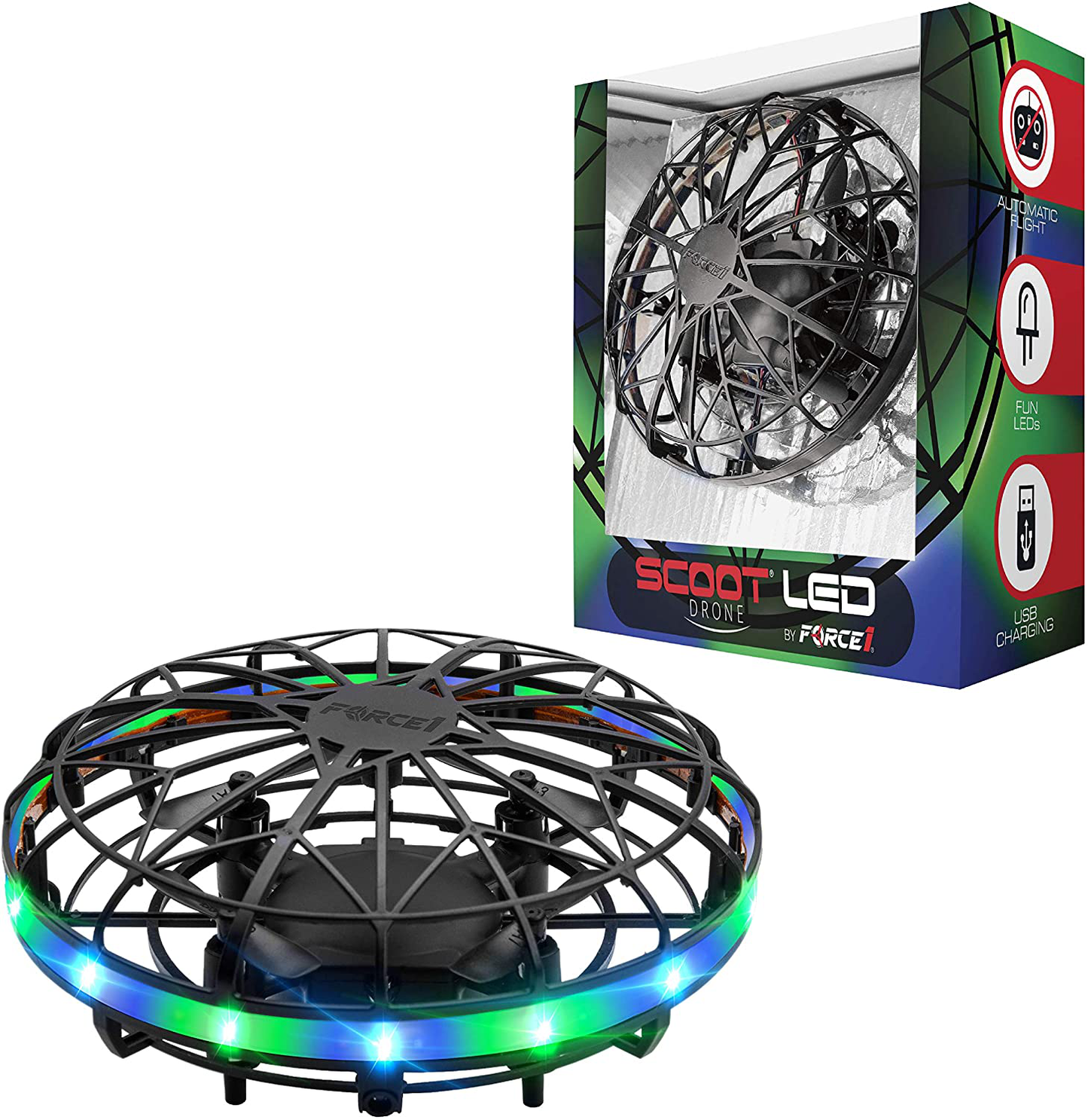 Rynx | Force1 Scoot LED Handheld Drone for Kids or Adults - Hands-Free Motion Sensor Mini Drone, Easy Indoor Small UFO Toy Flying Ball Drone Toy for Boys and Girls (Green/Blue)